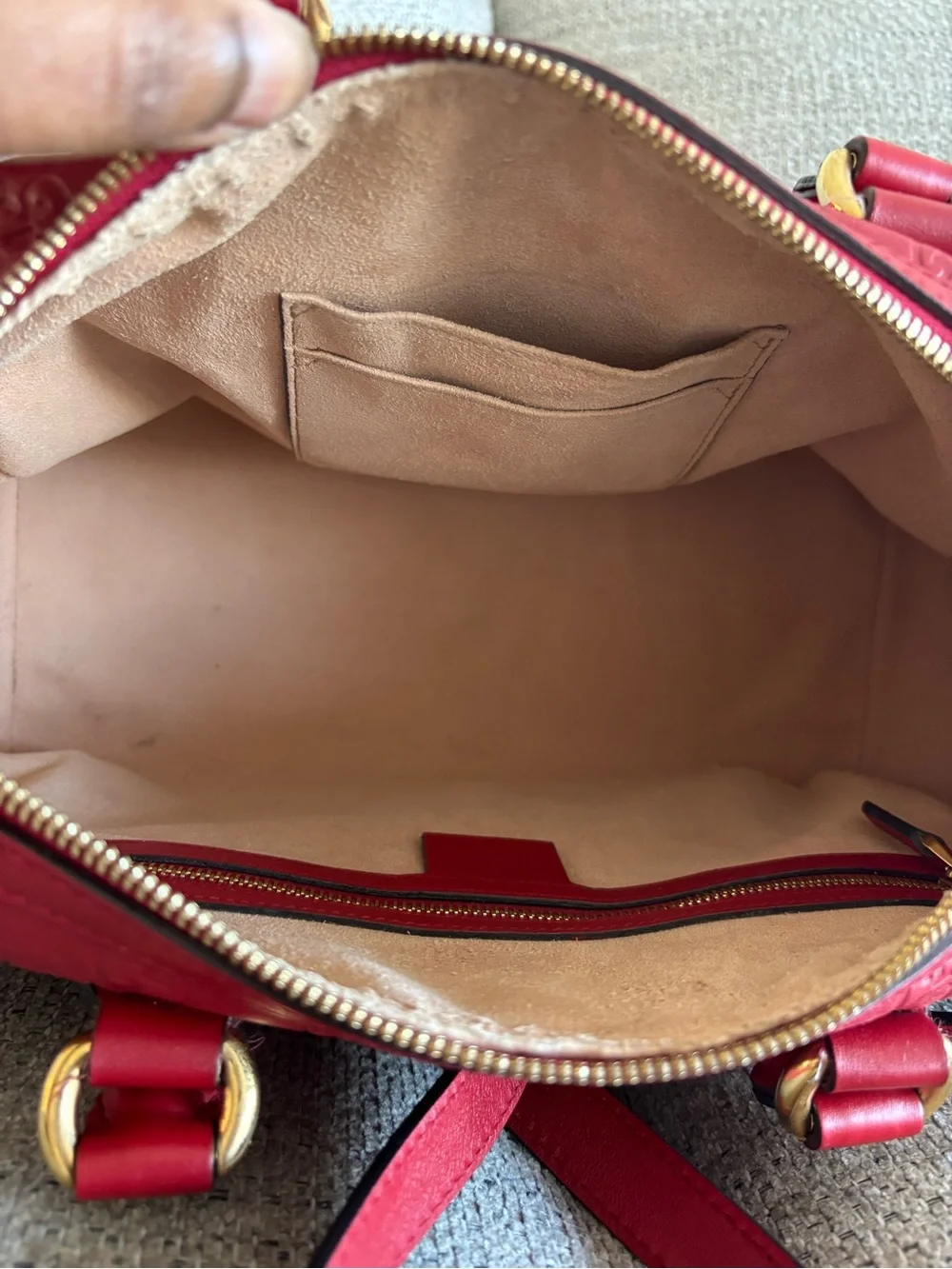 Gucci Red Embossed Leather Satchel with Shoulder Strap